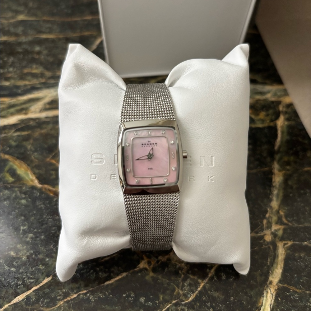 Skagen Denmark Pink Dial Crystal Accent Mesh Watch Silver Tone Boxed